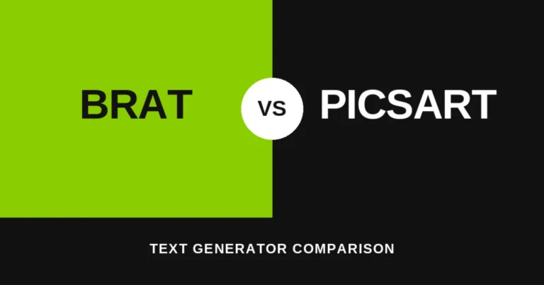 Split green-and-black graphic comparing "Brat" and "Picsart" text generators with a bold white VS badge, illustrating the brat generator vs Picsart tool comparison