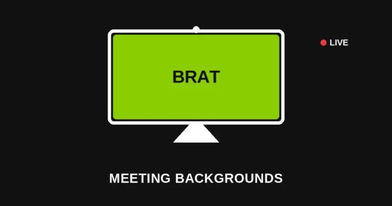 Black graphic of a laptop screen showing a green virtual background with a webcam icon, representing brat-style Zoom and Microsoft Teams virtual backgrounds
