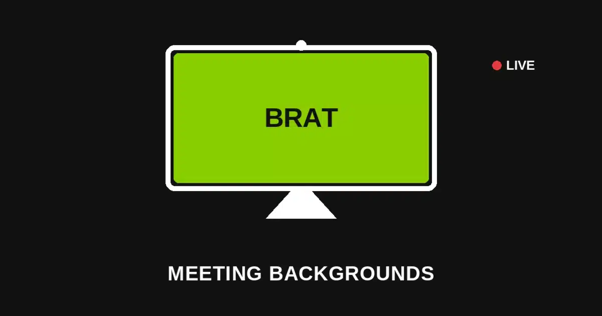 Black graphic of a laptop screen showing a green virtual background with a webcam icon, representing brat-style Zoom and Microsoft Teams virtual backgrounds