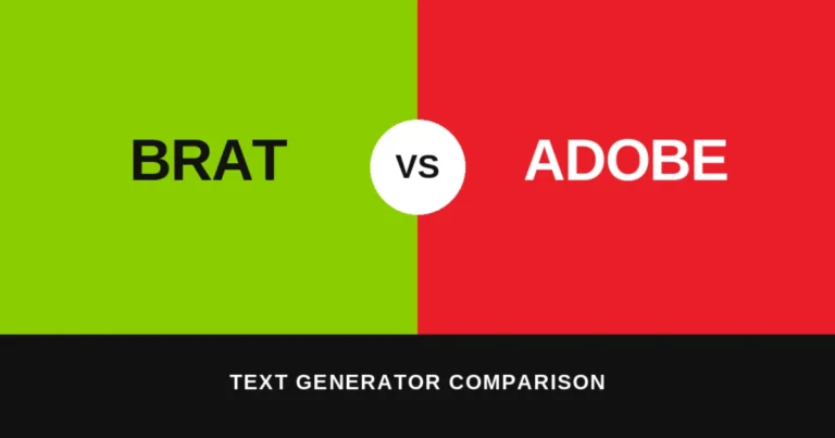 Split green-and-red graphic comparing "Brat" and "Adobe Express" text generators with a bold white VS badge, illustrating the brat generator vs Adobe Express tool comparison