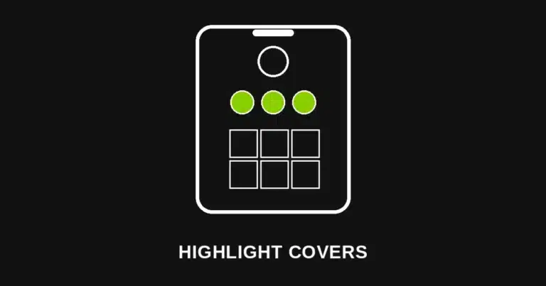 Black graphic of a phone screen showing a row of green circular Instagram highlight icons, representing brat-style Instagram highlight covers