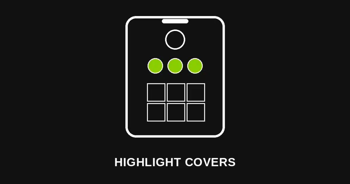 Black graphic of a phone screen showing a row of green circular Instagram highlight icons, representing brat-style Instagram highlight covers