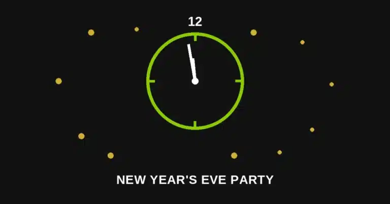 Black graphic with a bold green countdown clock reading twelve and gold confetti, representing brat-style New Year's Eve party invitations and decor