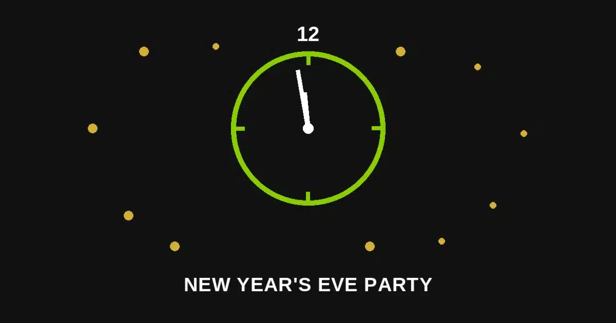 Black graphic with a bold green countdown clock reading twelve and gold confetti, representing brat-style New Year's Eve party invitations and decor