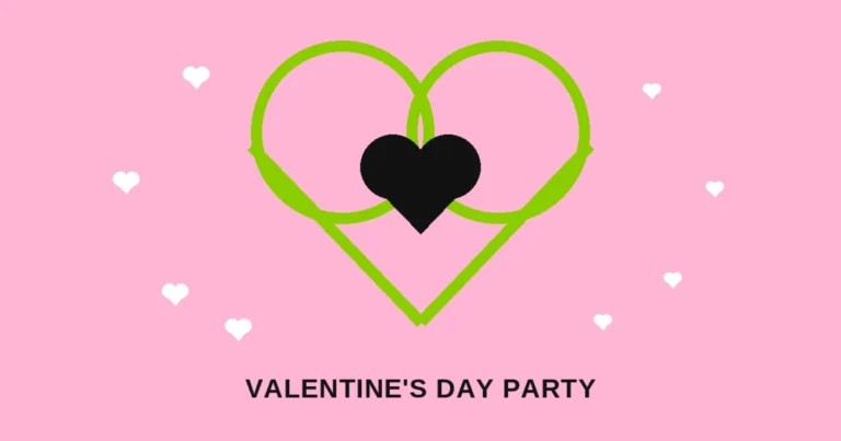 Pink graphic with a bold green heart outline and small white heart confetti, representing brat-style Valentine's Day party invitations and decor