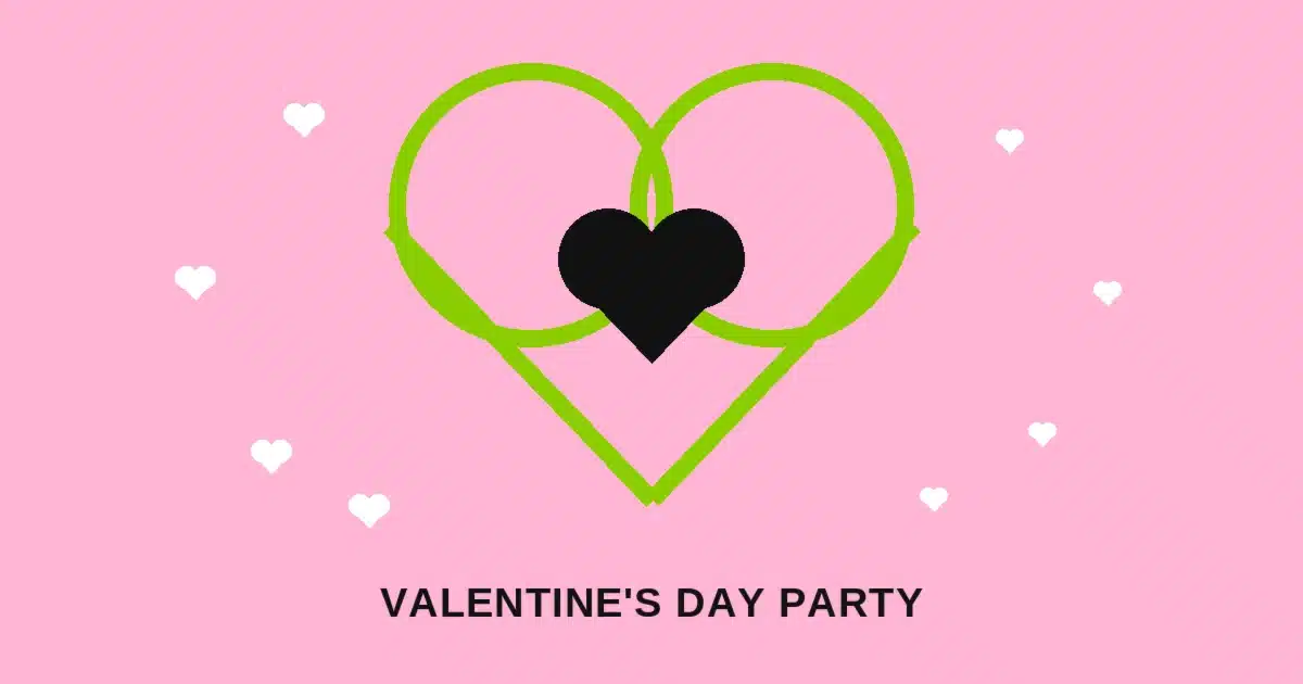 Pink graphic with a bold green heart outline and small white heart confetti, representing brat-style Valentine's Day party invitations and decor