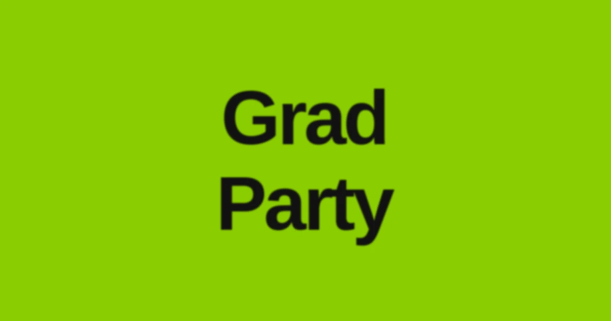 Brat Green graduation party graphic with bold text reading "Grad Party," representing brat-style graduation party ideas