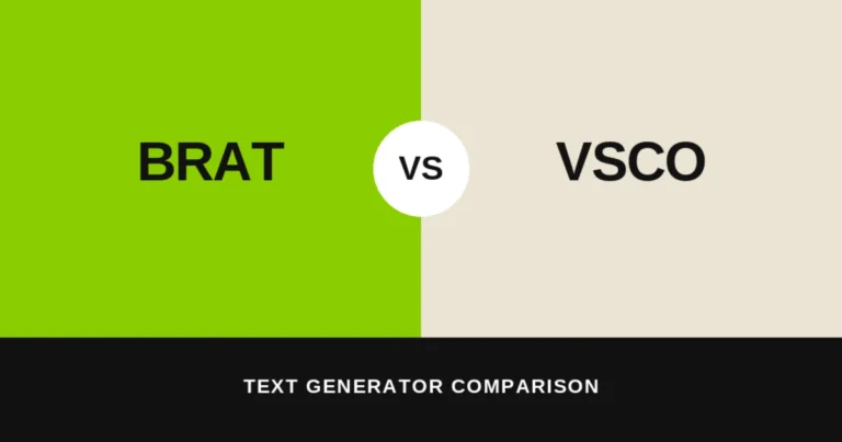 Split green-and-cream graphic comparing "Brat" and "VSCO" text generators with a bold white VS badge, illustrating the brat generator vs VSCO tool comparison