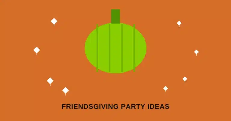 Warm orange graphic with a bold green pumpkin icon and small white leaf confetti, representing brat-style Friendsgiving and Thanksgiving party decor