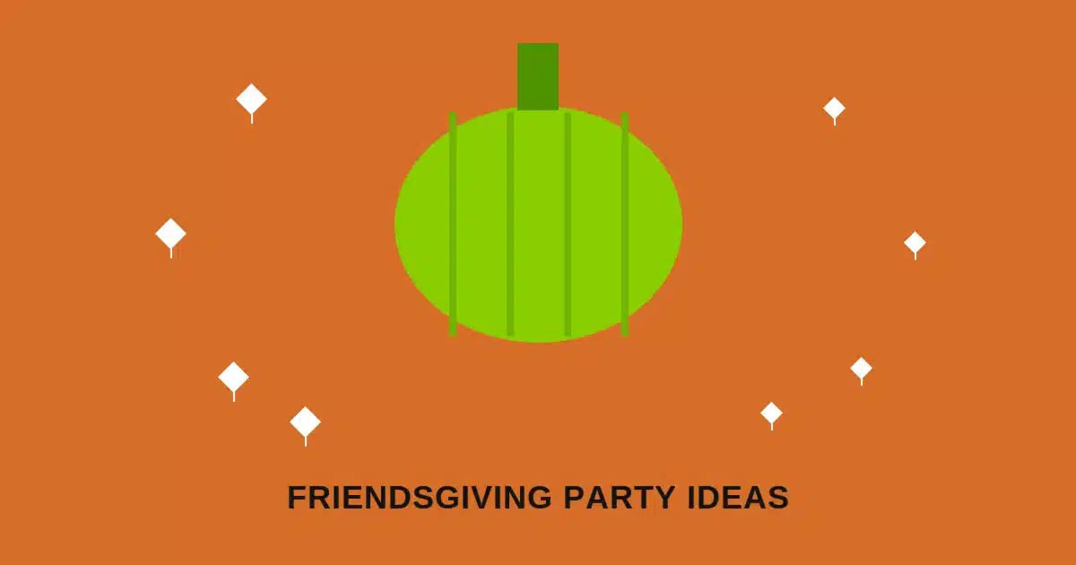 Warm orange graphic with a bold green pumpkin icon and small white leaf confetti, representing brat-style Friendsgiving and Thanksgiving party decor