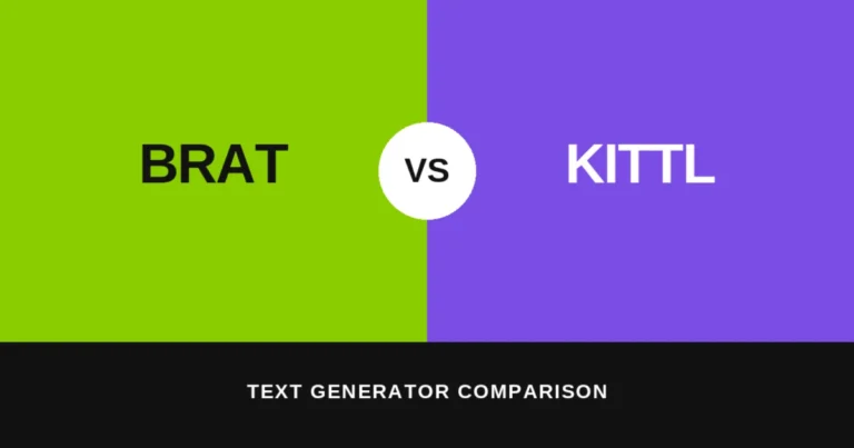 Split green-and-purple graphic comparing "Brat" and "Kittl" text generators with a bold white VS badge, illustrating the brat generator vs Kittl tool comparison