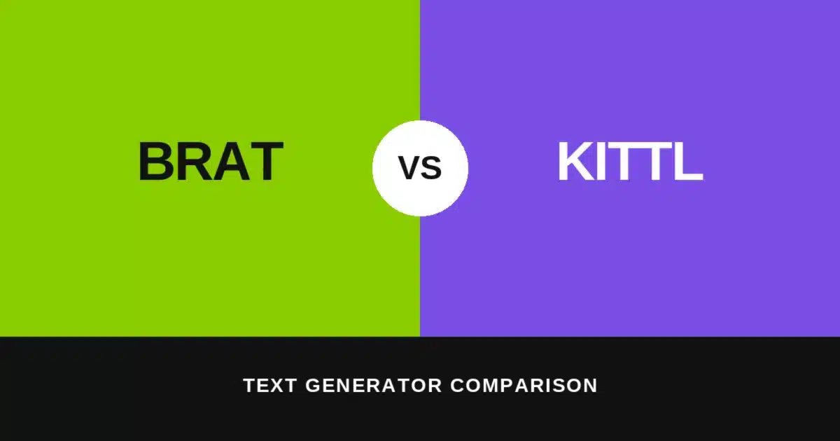 Split green-and-purple graphic comparing "Brat" and "Kittl" text generators with a bold white VS badge, illustrating the brat generator vs Kittl tool comparison