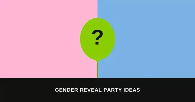 Split pink-and-blue graphic with a bold green question mark balloon icon, representing brat-style gender reveal party invitations and decor