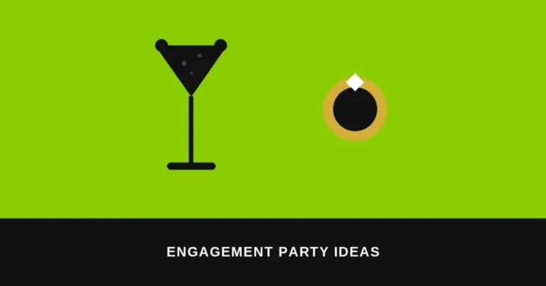Bold green graphic with a champagne glass and ring icon on a black background, representing brat-style engagement party invitations and decor